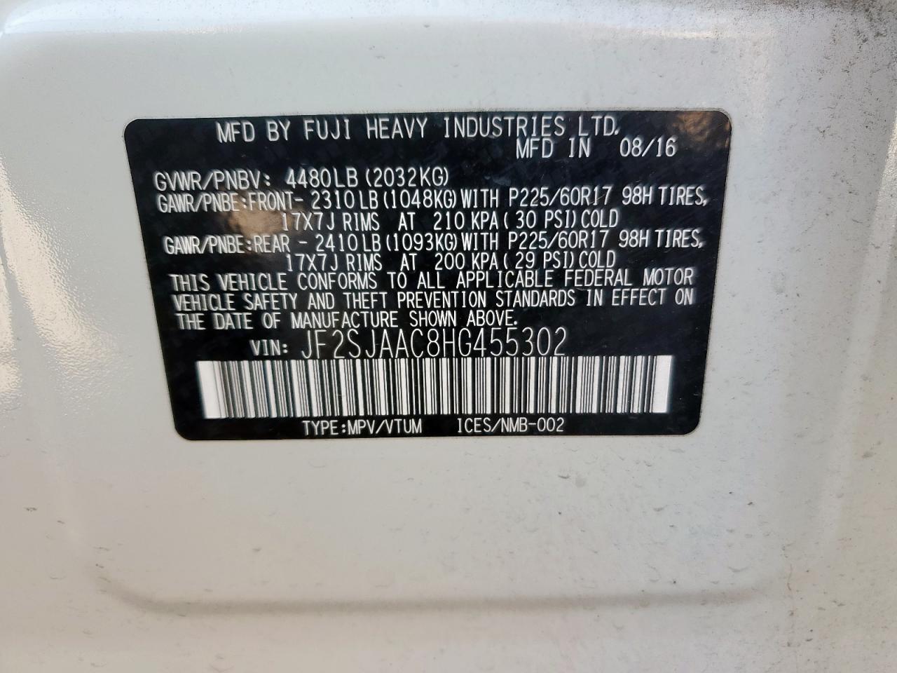 2017 Subaru Forester 2.5I VIN: JF2SJAAC8HG455302 Lot: 82190895