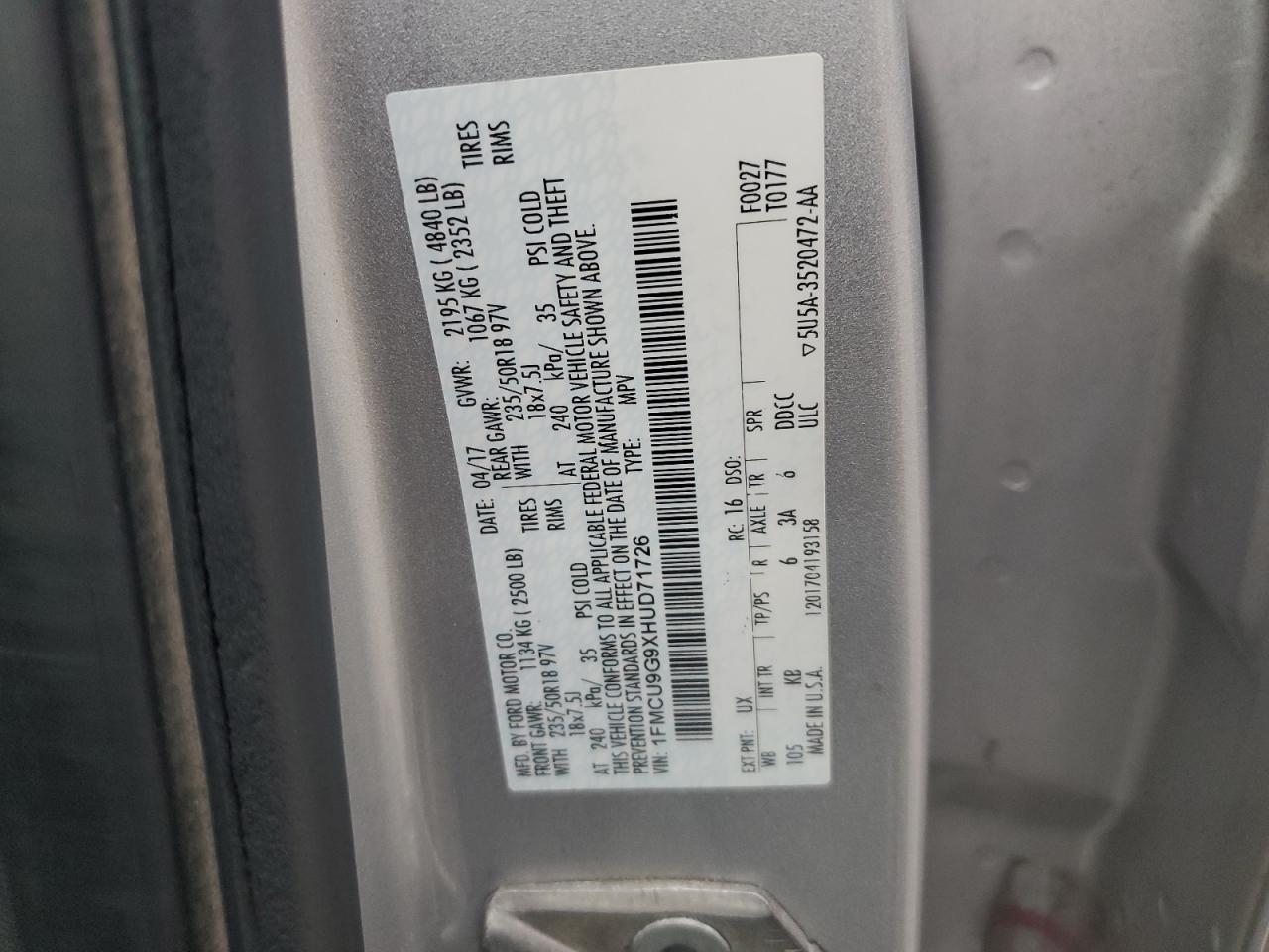 2017 Ford Escape Se VIN: 1FMCU9G9XHUD71726 Lot: 90371875