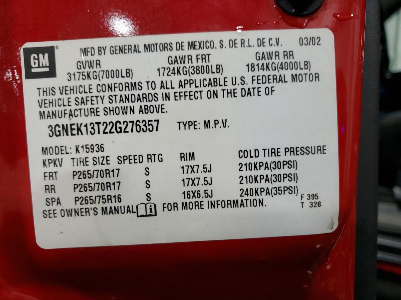 2002 Chevrolet Avalanche K1500 VIN: 3GNEK13T22G276357 Lot: 89525545