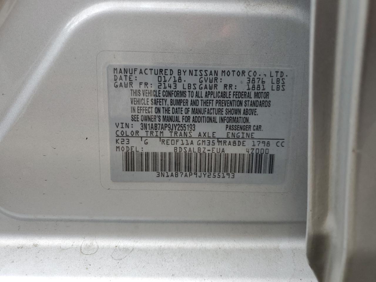 2018 Nissan Sentra S VIN: 3N1AB7AP9JY255193 Lot: 85336355