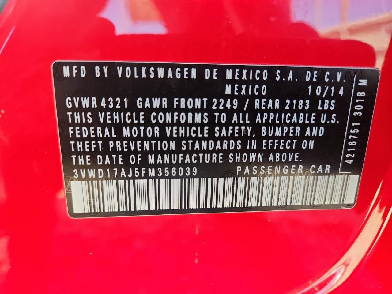 2015 Volkswagen Jetta Se VIN: 3VWD17AJ5FM356039 Lot: 86524425