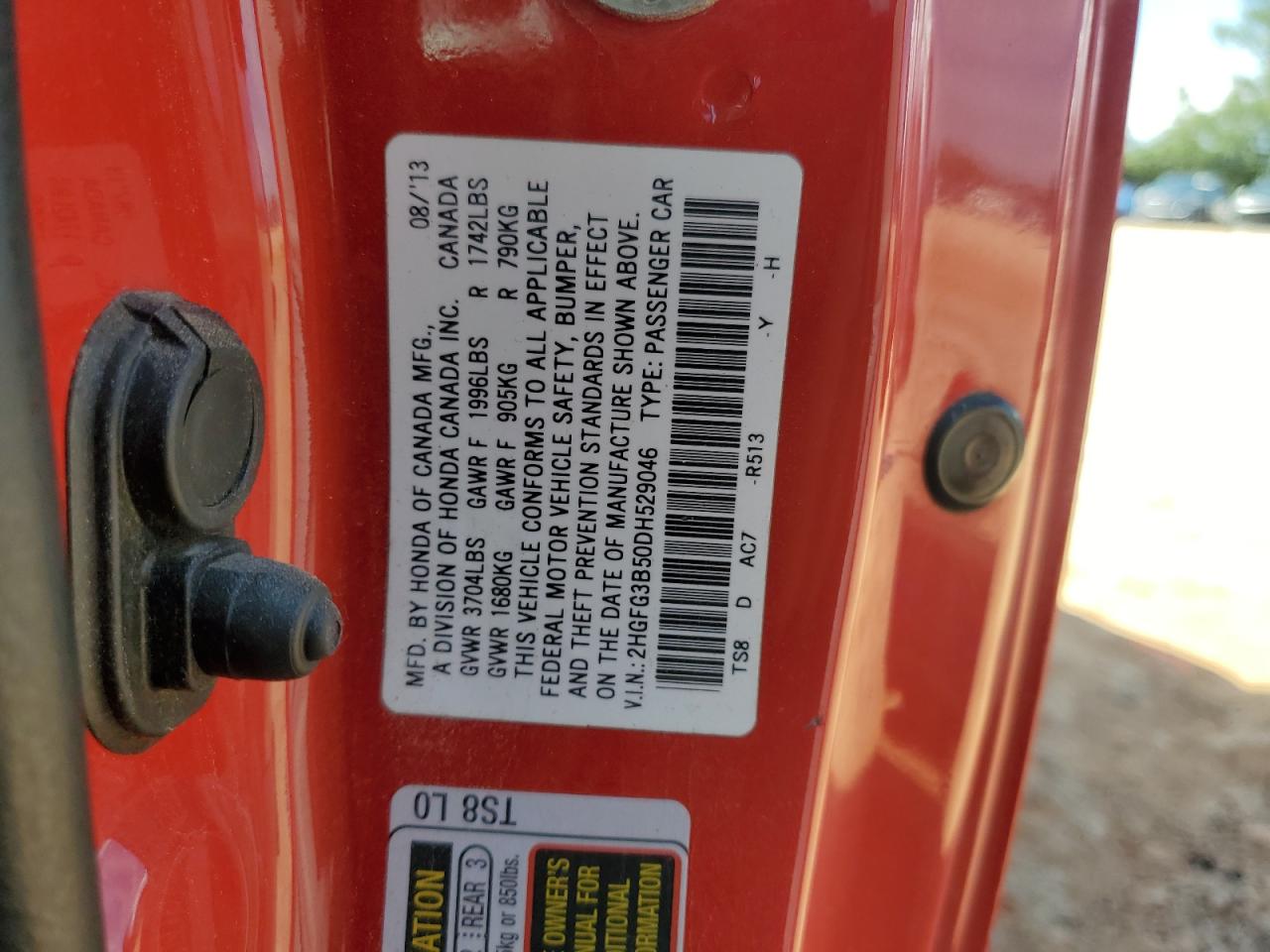 2013 Honda Civic Lx VIN: 2HGFG3B50DH529046 Lot: 81996725