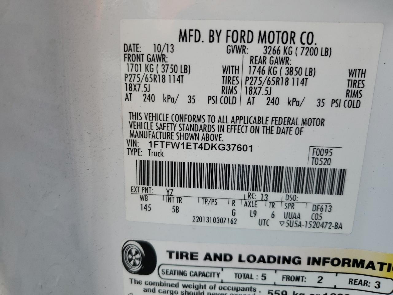 2013 Ford F150 Supercrew VIN: 1FTFW1ET4DKG37601 Lot: 86186285