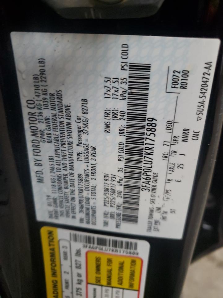 2019 Ford Fusion Se VIN: 3FA6P0LU7KR175889 Lot: 86326925