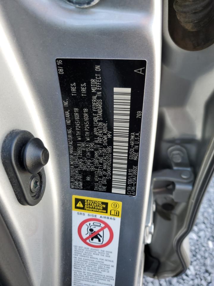 2016 Toyota Highlander Xle VIN: 5TDKKRFH0GS501885 Lot: 82203235