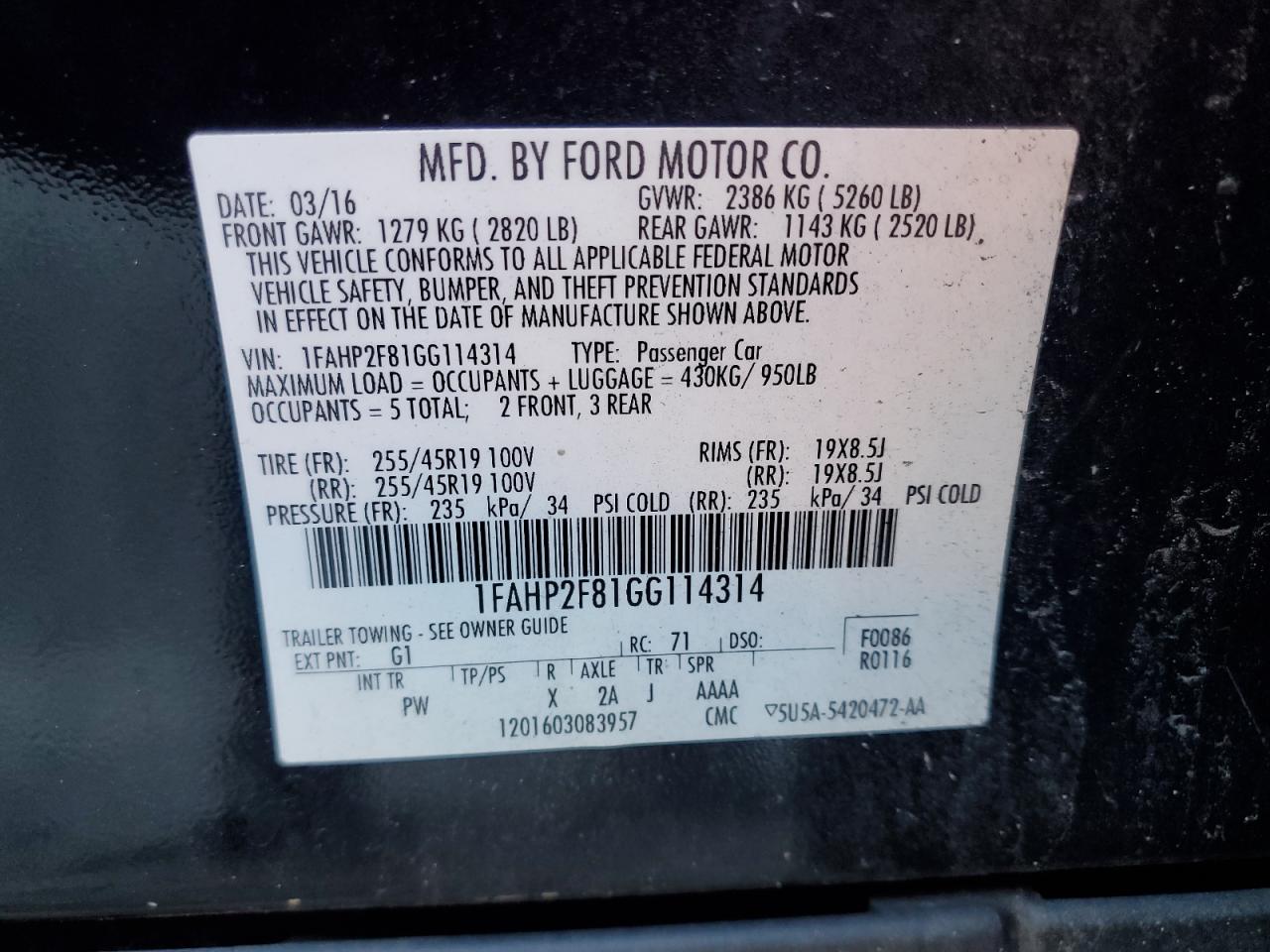 2016 Ford Taurus Limited VIN: 1FAHP2F81GG114314 Lot: 85876455