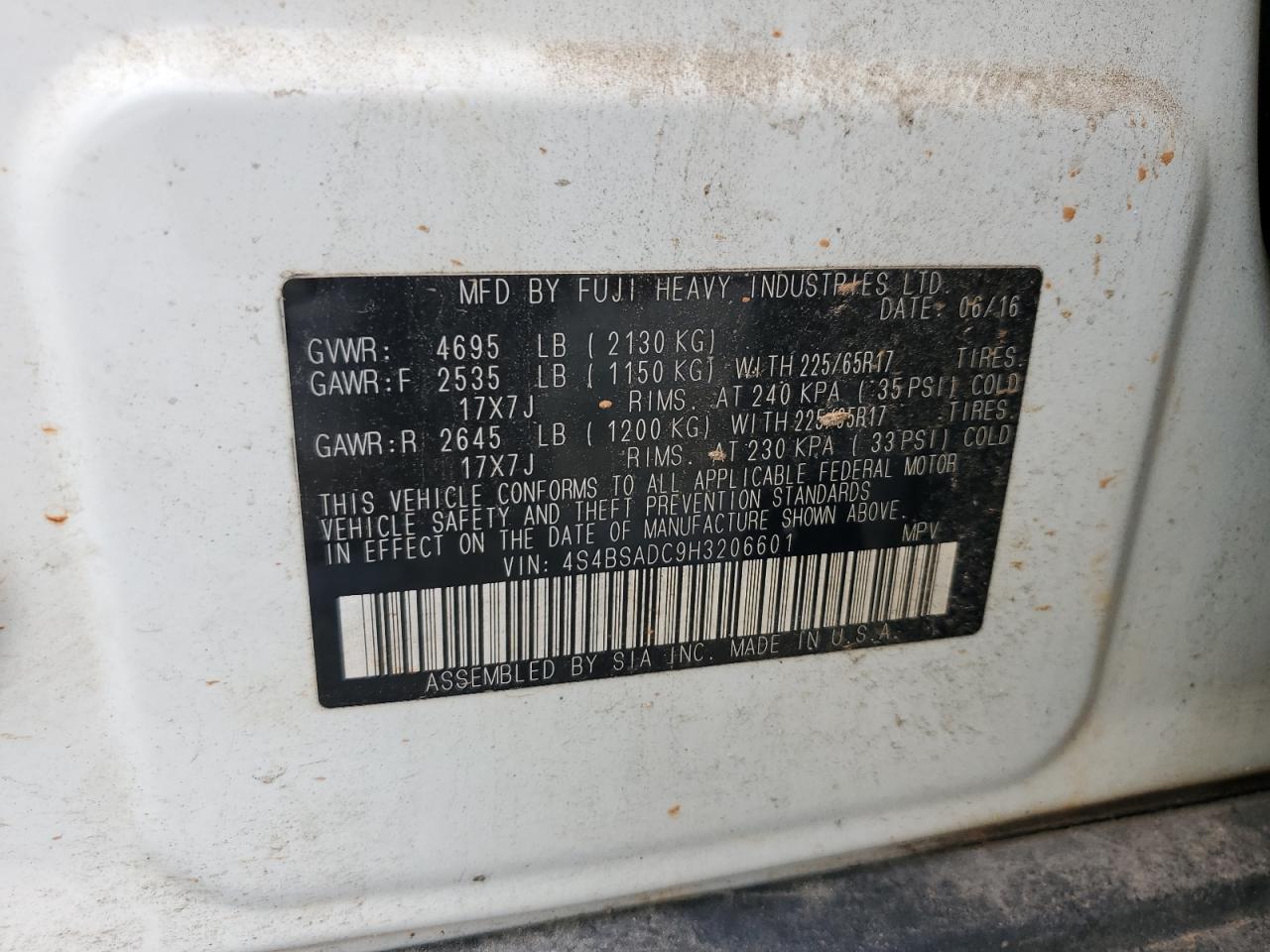 2017 Subaru Outback 2.5I Premium VIN: 4S4BSADC9H3206601 Lot: 82227715