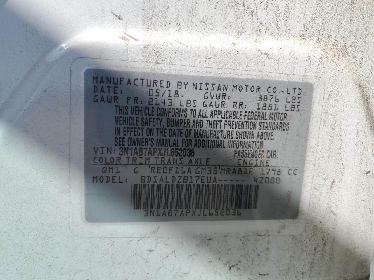 2018 Nissan Sentra S VIN: 3N1AB7APXJL652036 Lot: 85317845