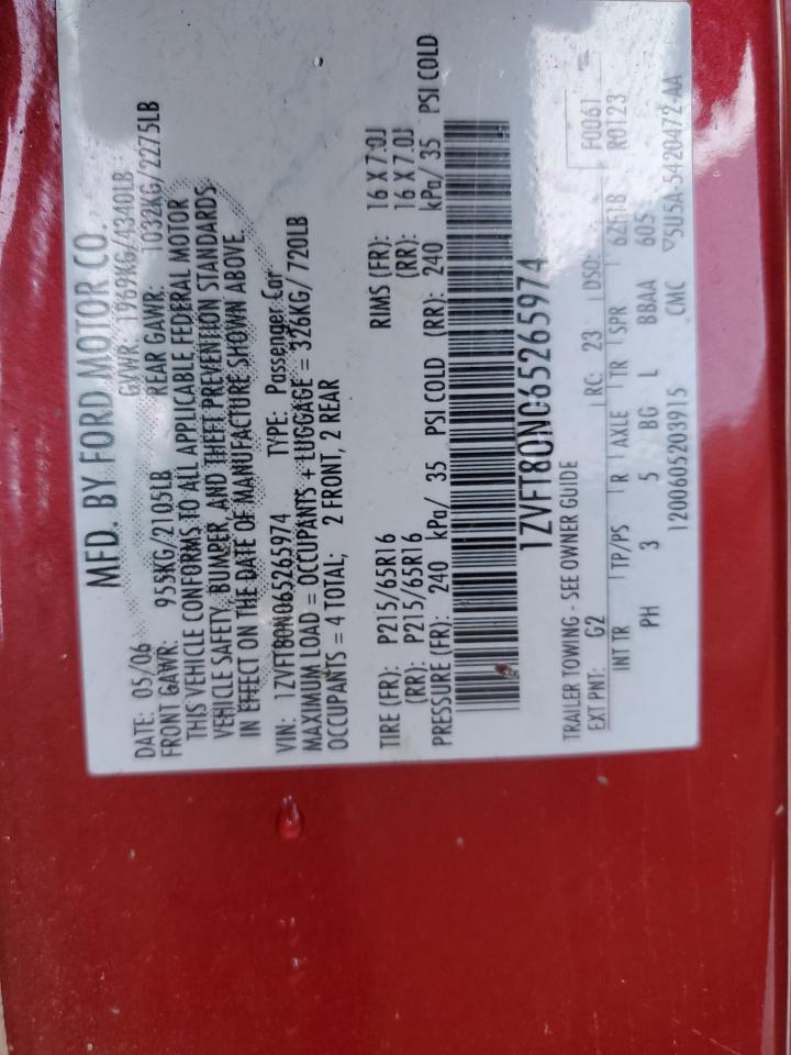 2006 Ford Mustang VIN: 1ZVFT80N065265974 Lot: 86673725