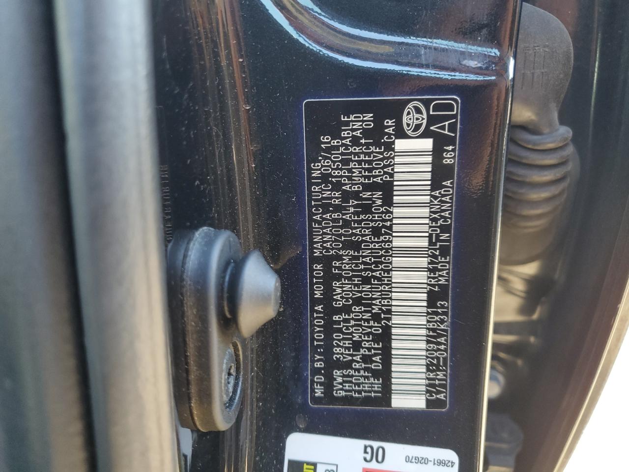 2016 Toyota Corolla L VIN: 2T1BURHE0GC697462 Lot: 85853545