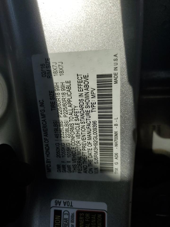 2016 Honda Cr-V Touring VIN: 5J6RM3H92GL009396 Lot: 84245255