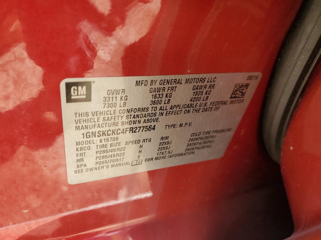 2015 Chevrolet Tahoe K1500 Ltz VIN: 1GNSKCKC4FR277564 Lot: 84935565