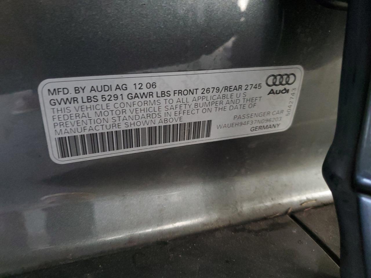 2007 Audi A6 S-Line Quattro VIN: WAUEH94F37N096203 Lot: 82243405