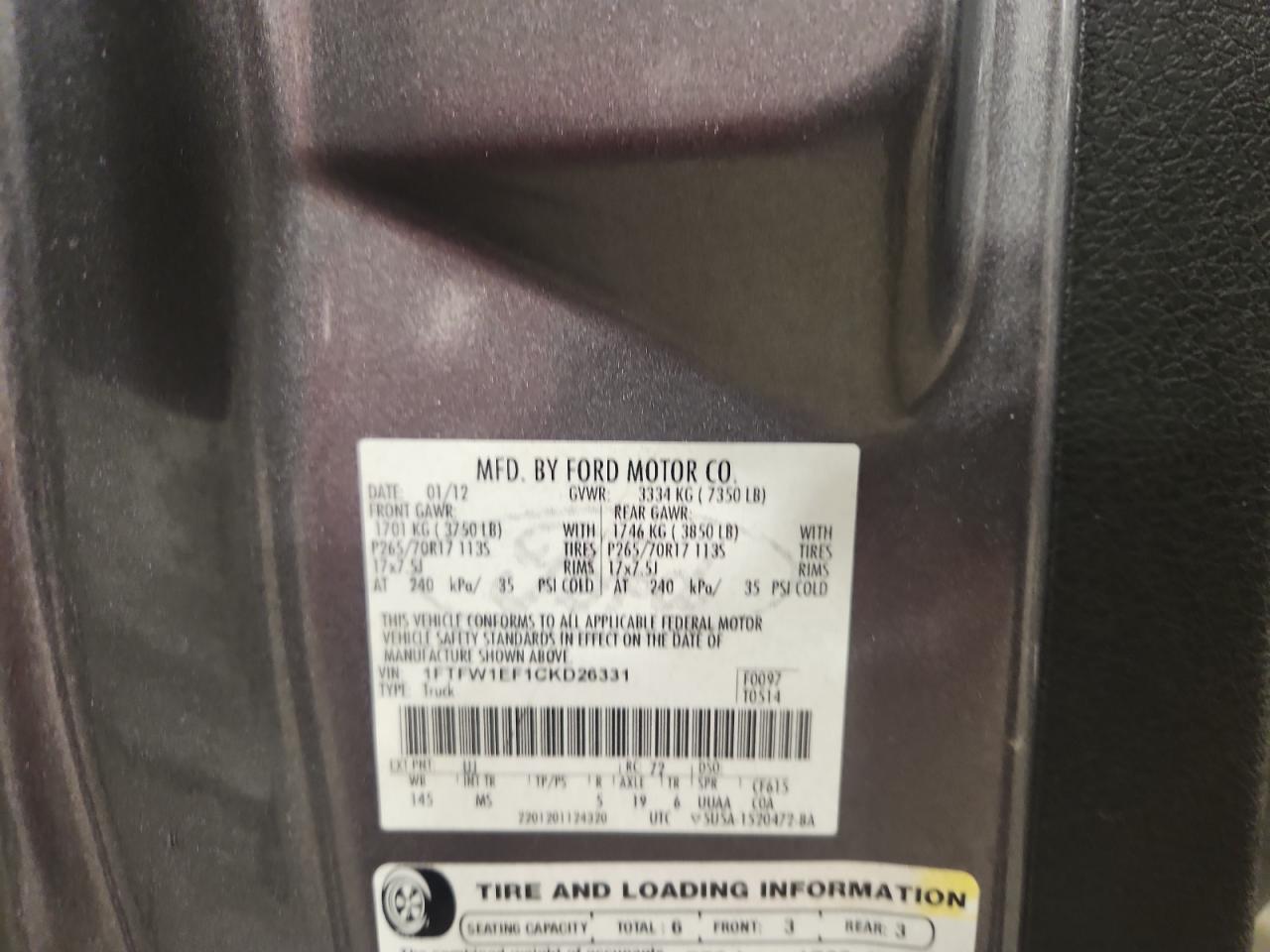 2012 Ford F150 Supercrew VIN: 1FTFW1EF1CKD26331 Lot: 82568925