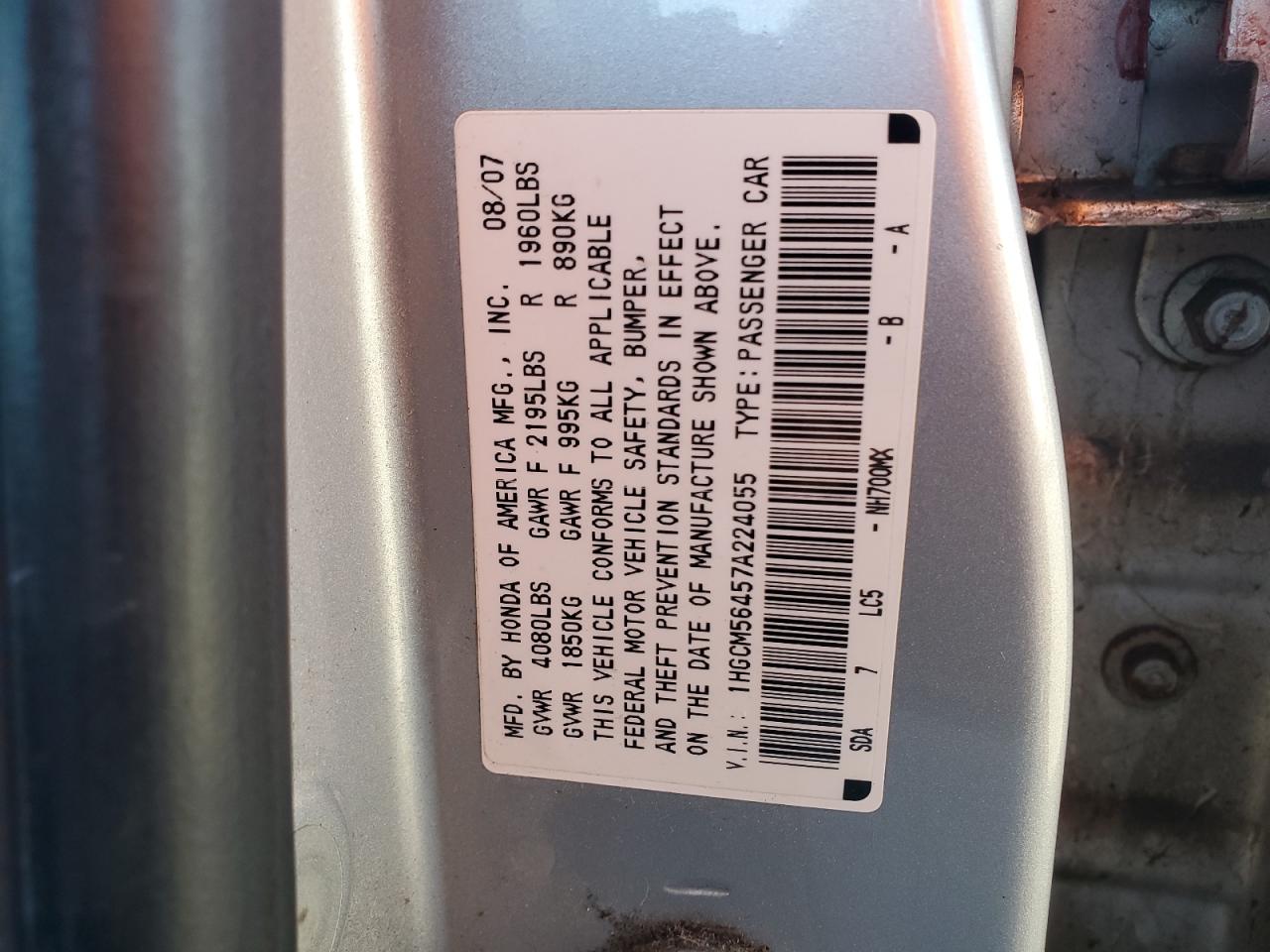 2007 Honda Accord Lx VIN: 1HGCM56457A224055 Lot: 82381475