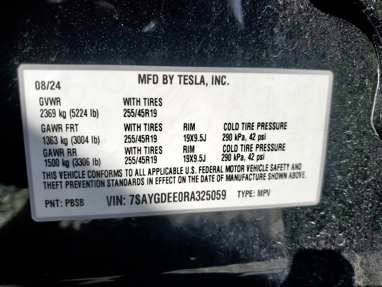 2024 Tesla Model Y VIN: 7SAYGDEE0RA325059 Lot: 89914575