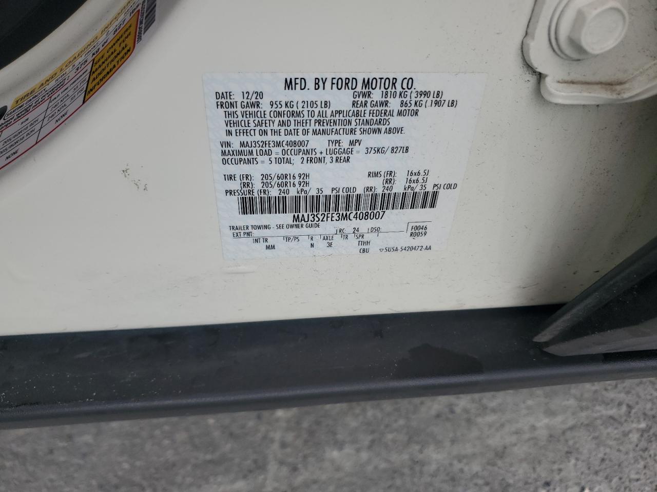 2021 Ford Ecosport S VIN: MAJ3S2FE3MC408007 Lot: 85946925