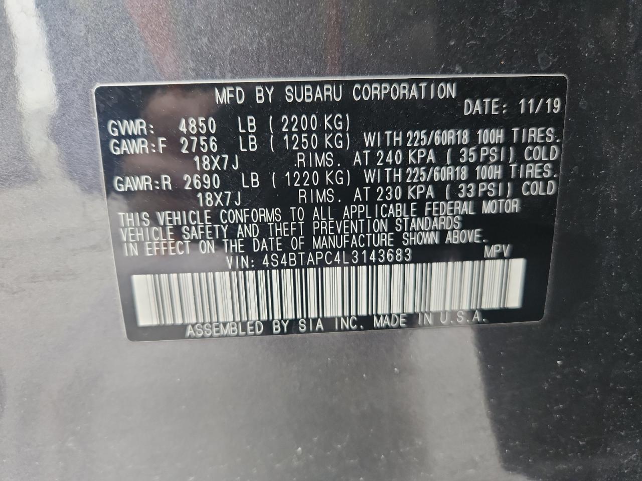 2020 Subaru Outback Touring VIN: 4S4BTAPC4L3143683 Lot: 82275325