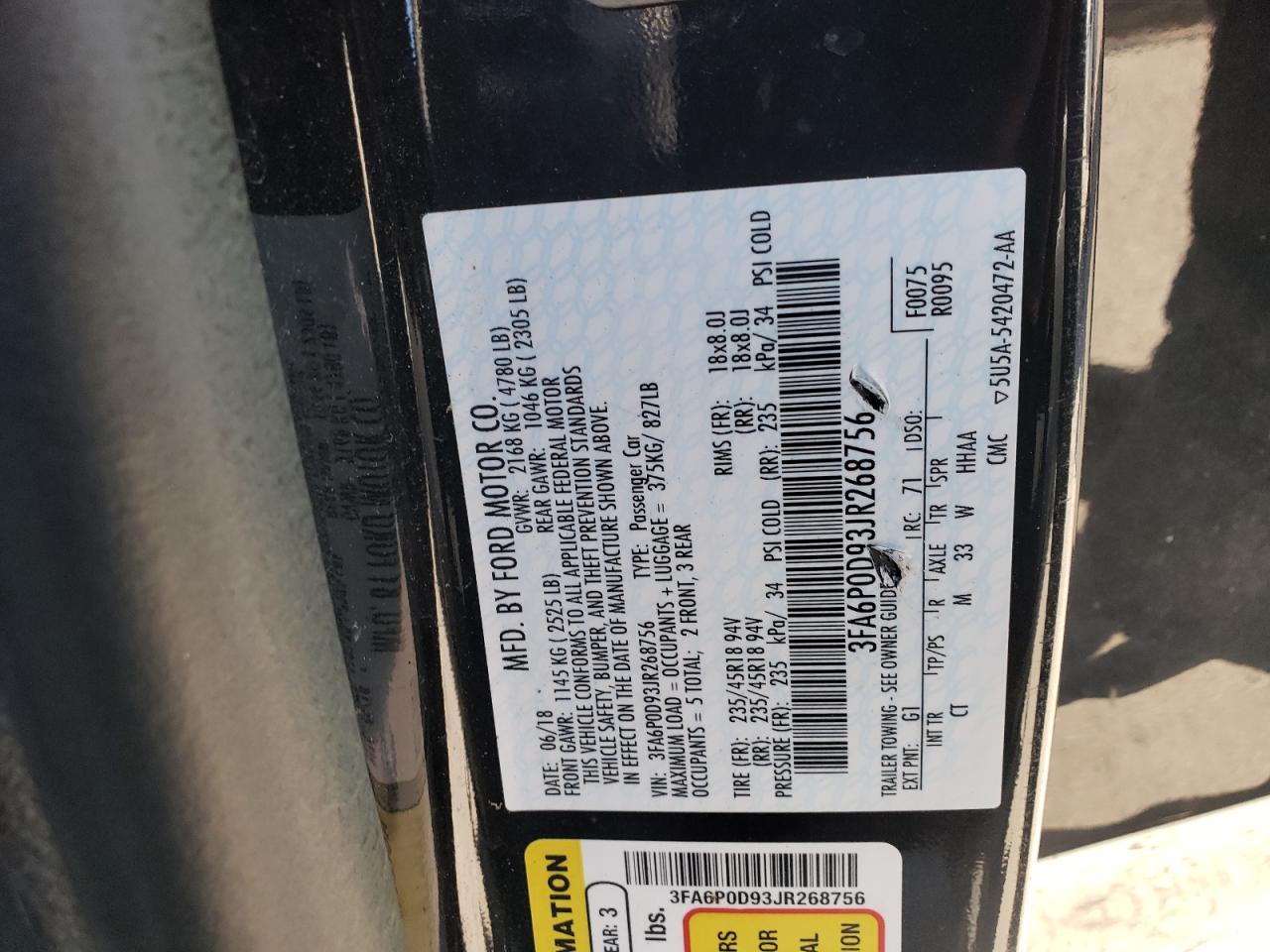 2018 Ford Fusion Titanium/Platinum VIN: 3FA6P0D93JR268756 Lot: 85692005