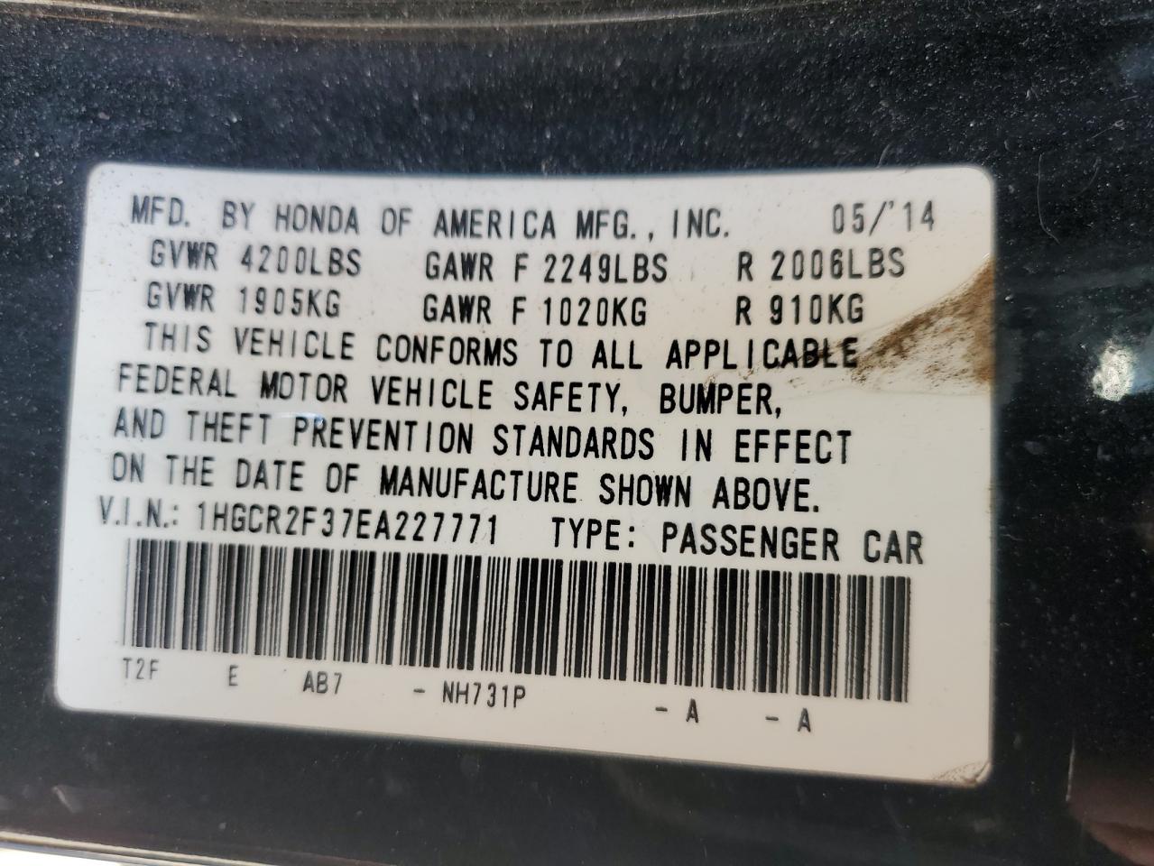 2014 Honda Accord Lx VIN: 1HGCR2F37EA227771 Lot: 82334605