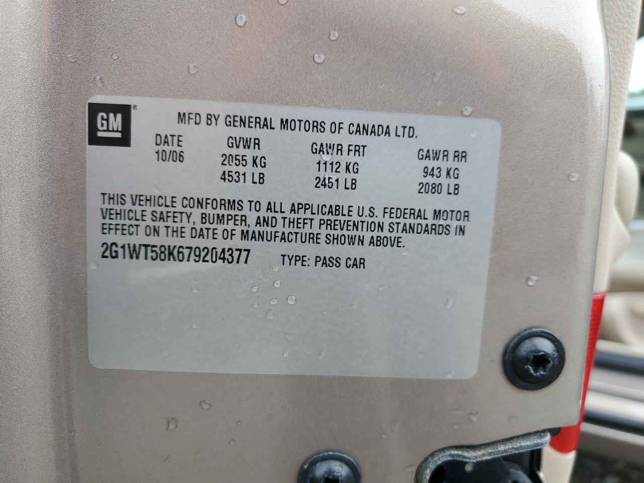 2007 Chevrolet Impala Lt VIN: 2G1WT58K679204377 Lot: 85686825