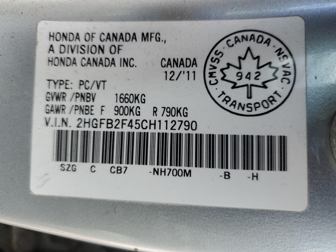 2012 Honda Civic Lx VIN: 2HGFB2F45CH112790 Lot: 82331935