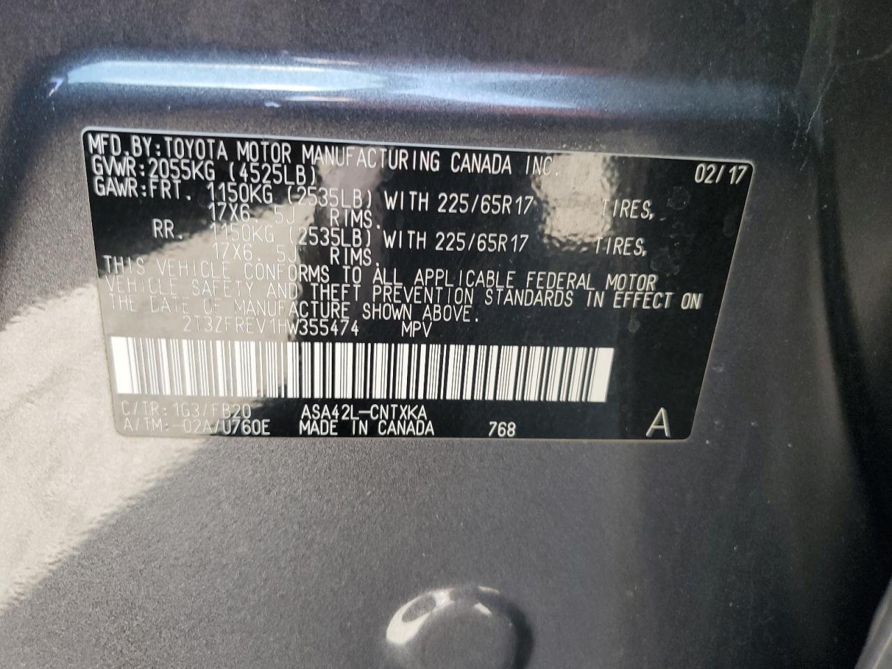 2017 Toyota Rav4 Le VIN: 2T3ZFREV1HW355474 Lot: 85858705