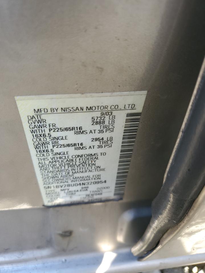 2004 Nissan Quest S VIN: 5N1BV28U04N320954 Lot: 82389645