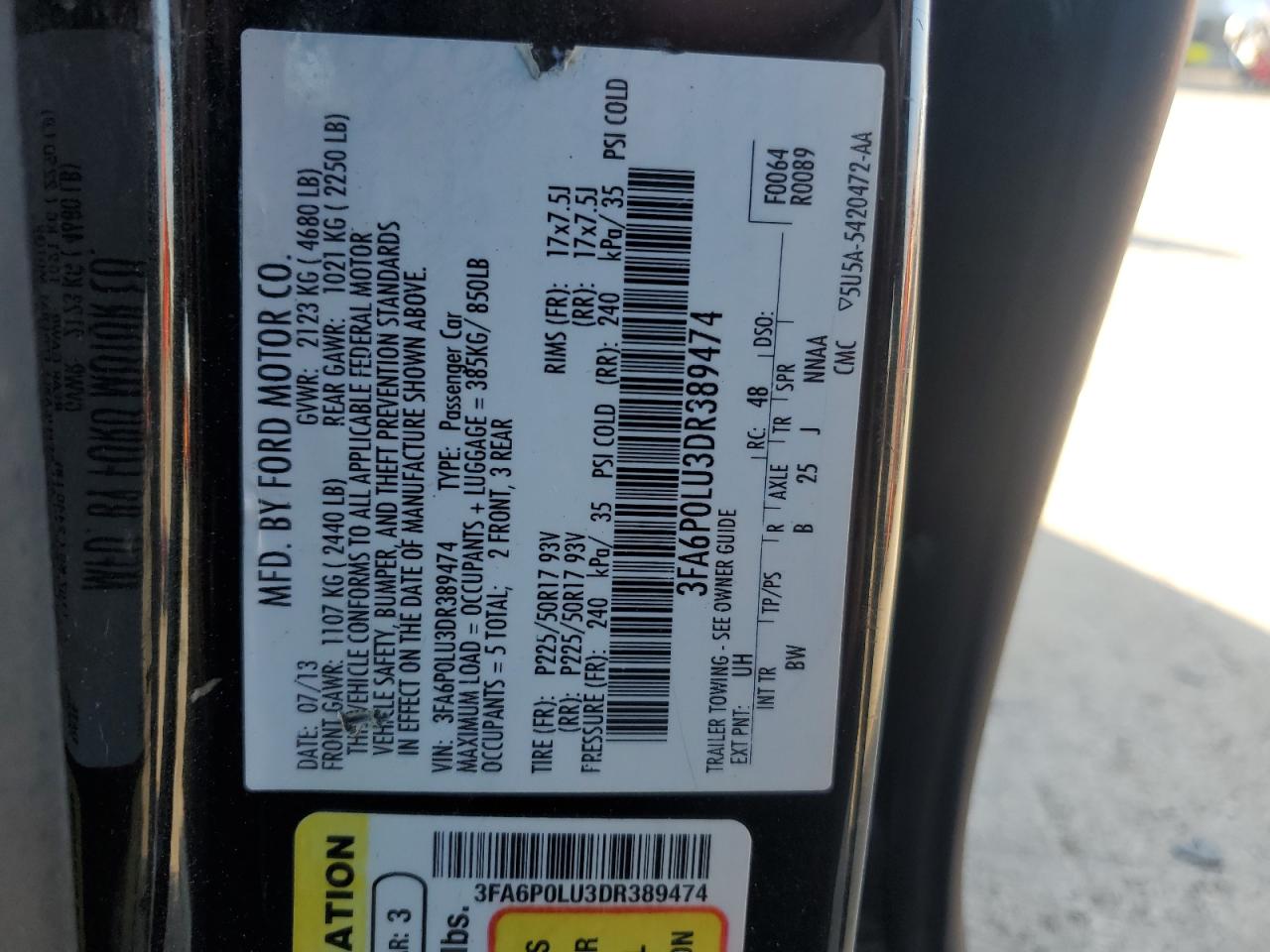 2013 Ford Fusion Se Hybrid VIN: 3FA6P0LU3DR389474 Lot: 85368355