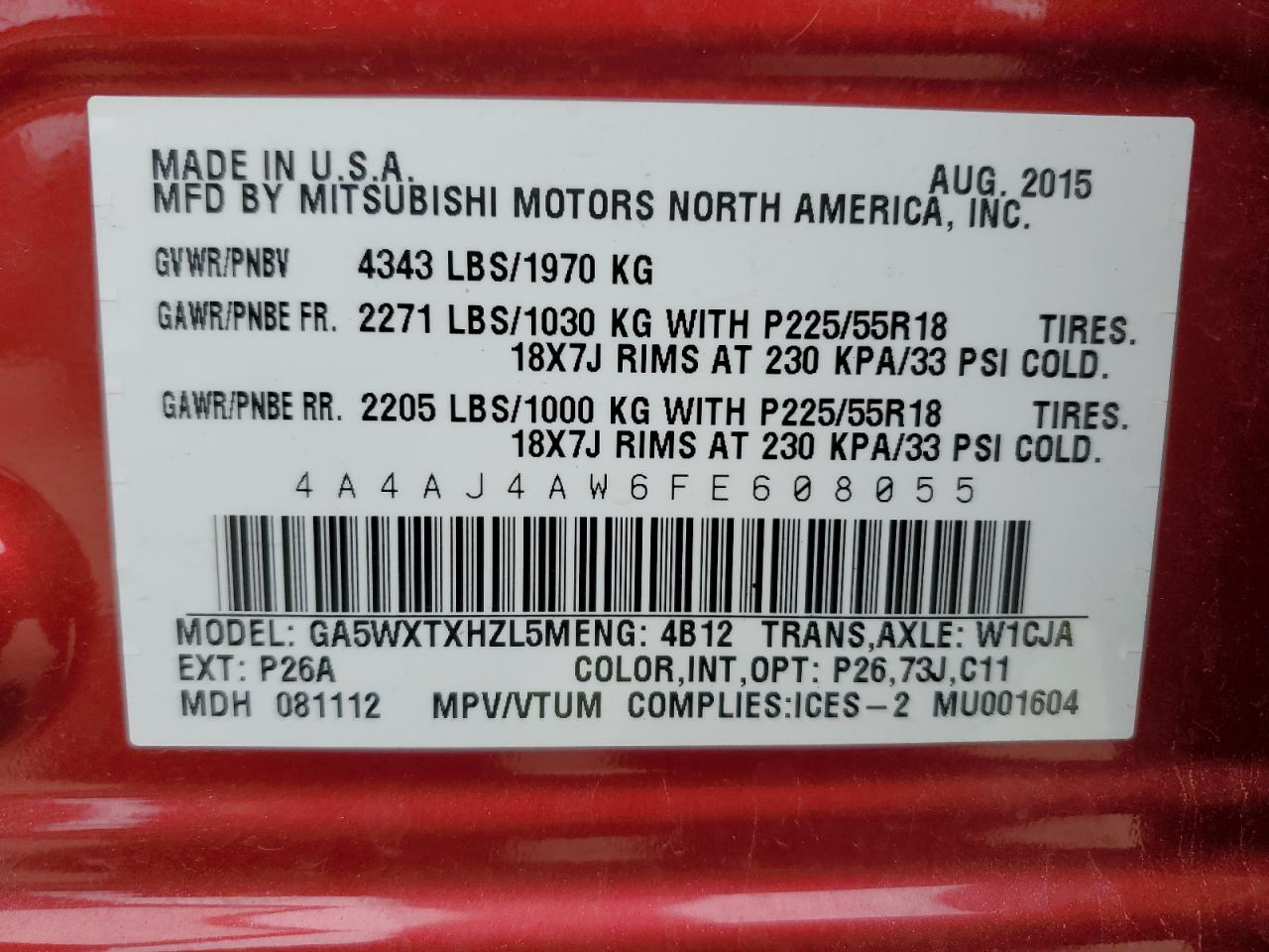 2015 Mitsubishi Rvr Gt VIN: 4A4AJ4AW6FE608055 Lot: 85123645