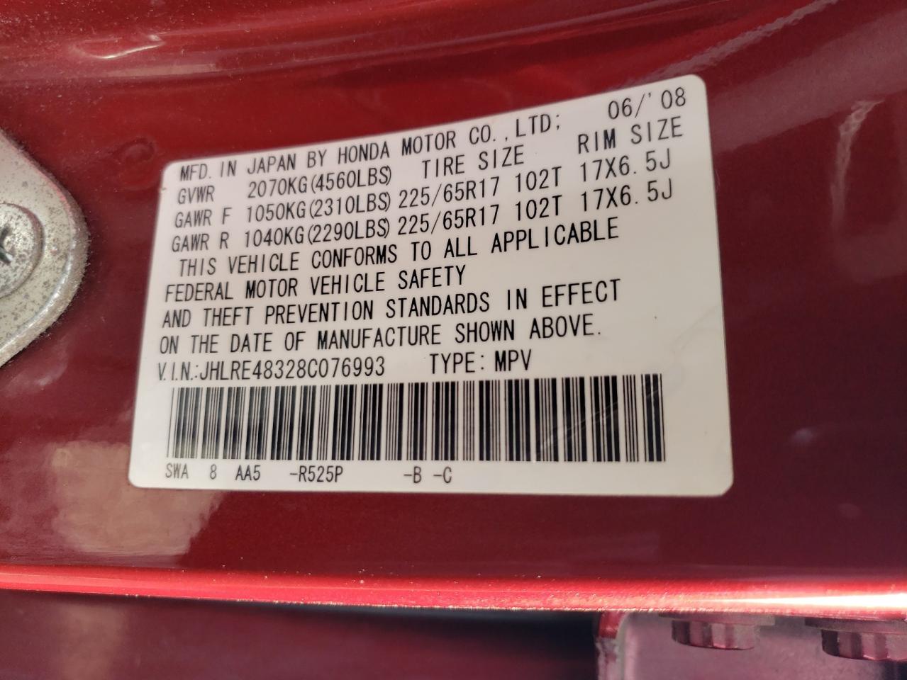 2008 Honda Cr-V Lx VIN: JHLRE48328C076993 Lot: 85330315