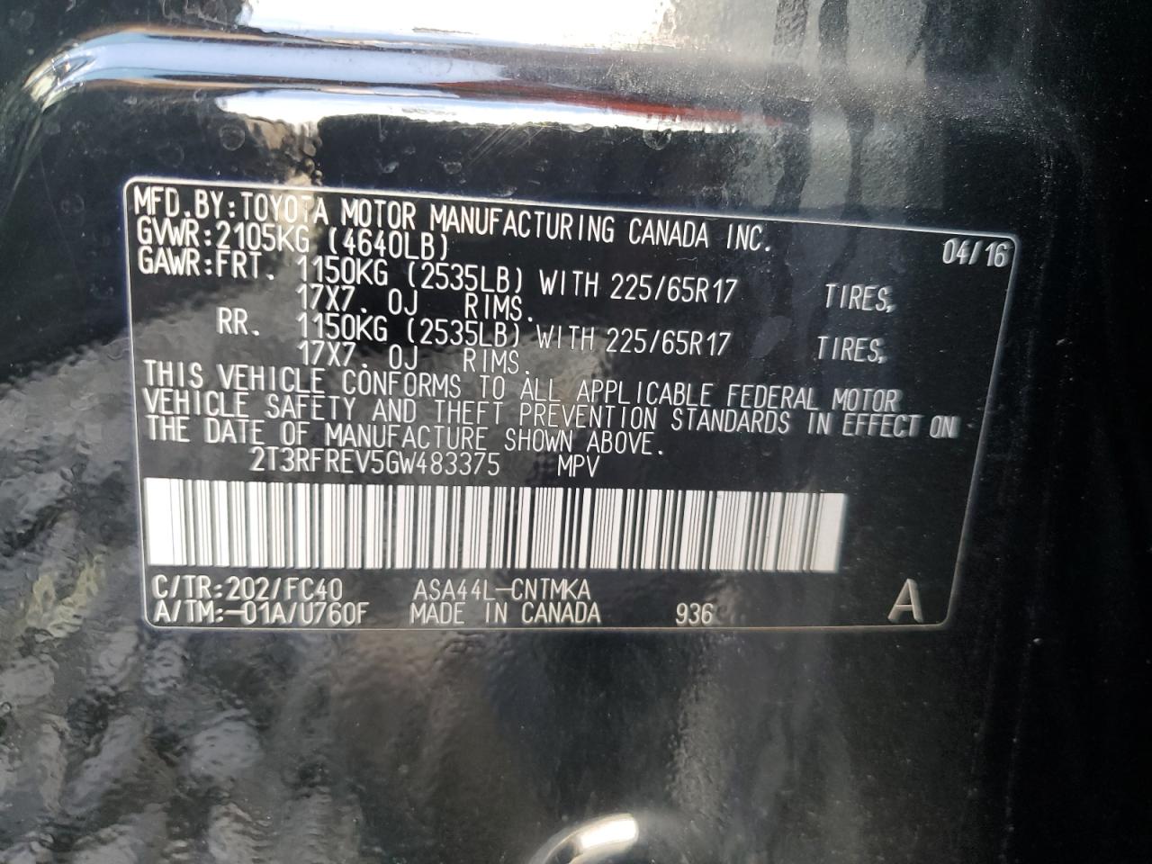 2016 Toyota Rav4 Xle VIN: 2T3RFREV5GW483375 Lot: 84777945