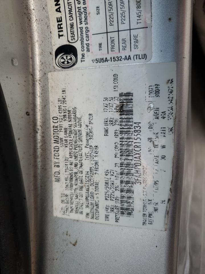 2012 Ford Fusion Sel VIN: 3FAHP0JAXCR155834 Lot: 90883955