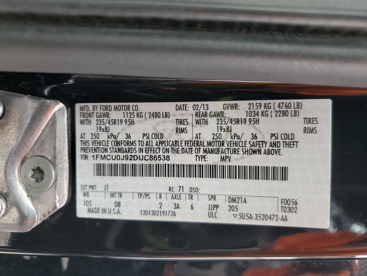 2013 Ford Escape Titanium VIN: 1FMCU0J92DUC86538 Lot: 86169005