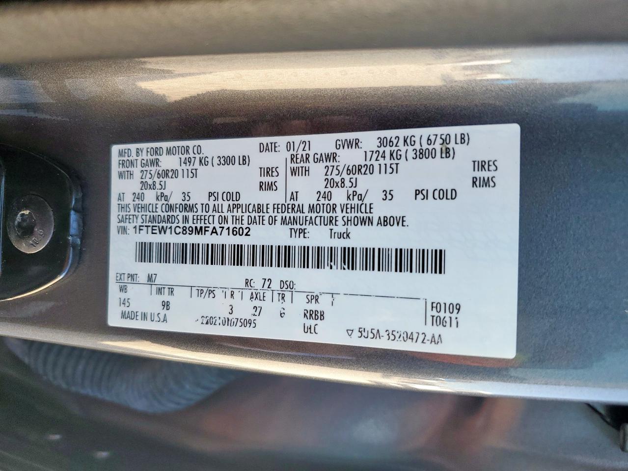 2021 Ford F150 Supercrew VIN: 1FTEW1C89MFA71602 Lot: 90541735