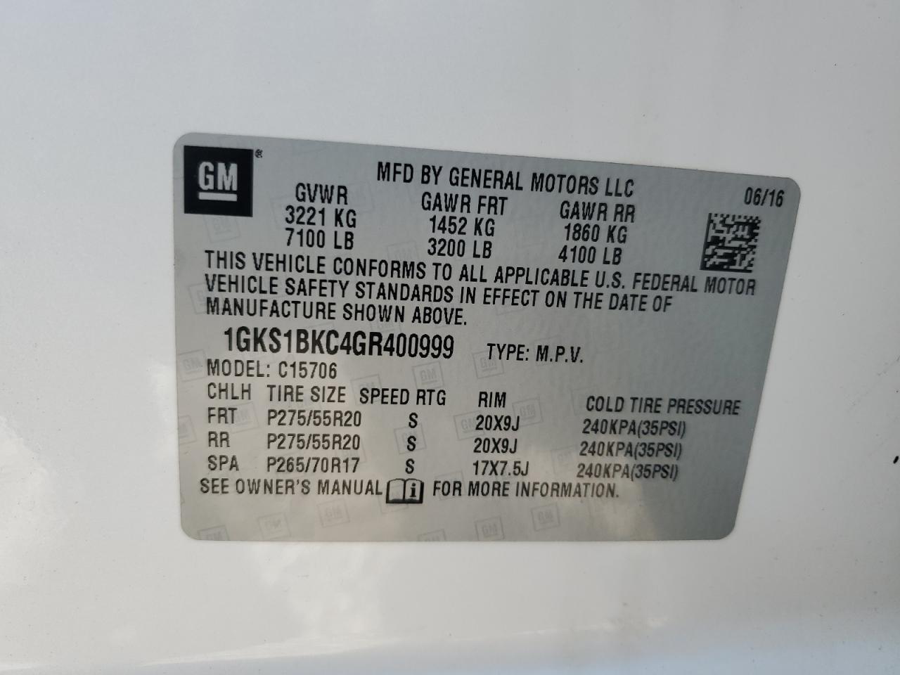 2016 GMC Yukon Slt VIN: 1GKS1BKC4GR400999 Lot: 89864755