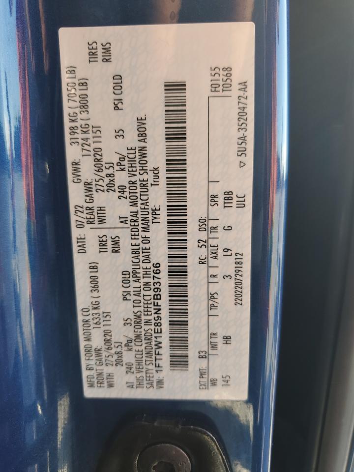 2022 Ford F150 Supercrew VIN: 1FTFW1E89NFB93766 Lot: 82587735