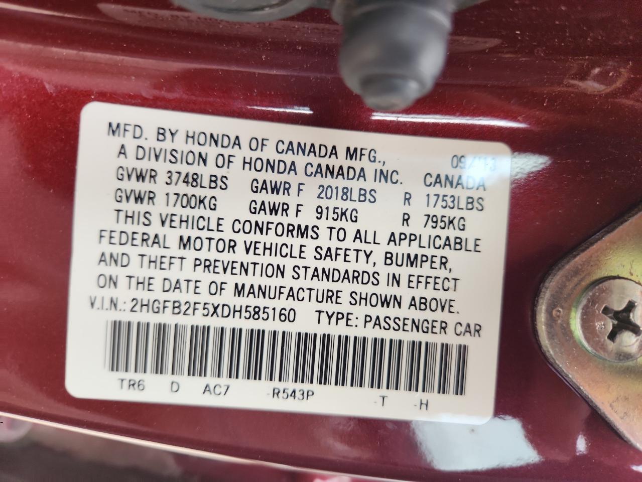 2013 Honda Civic Lx VIN: 2HGFB2F5XDH585160 Lot: 85345055