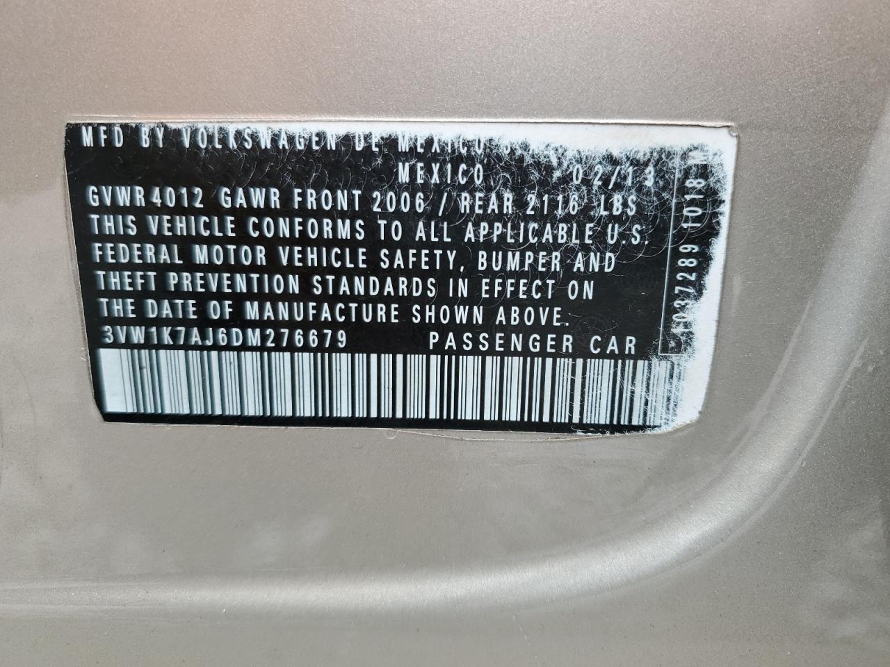 2013 Volkswagen Jetta Base VIN: 3VW1K7AJ6DM276679 Lot: 85293895