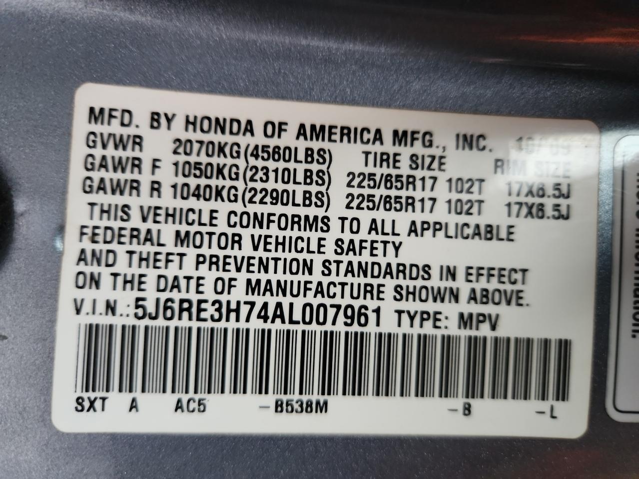 2010 Honda Cr-V Exl VIN: 5J6RE3H74AL007961 Lot: 85372415