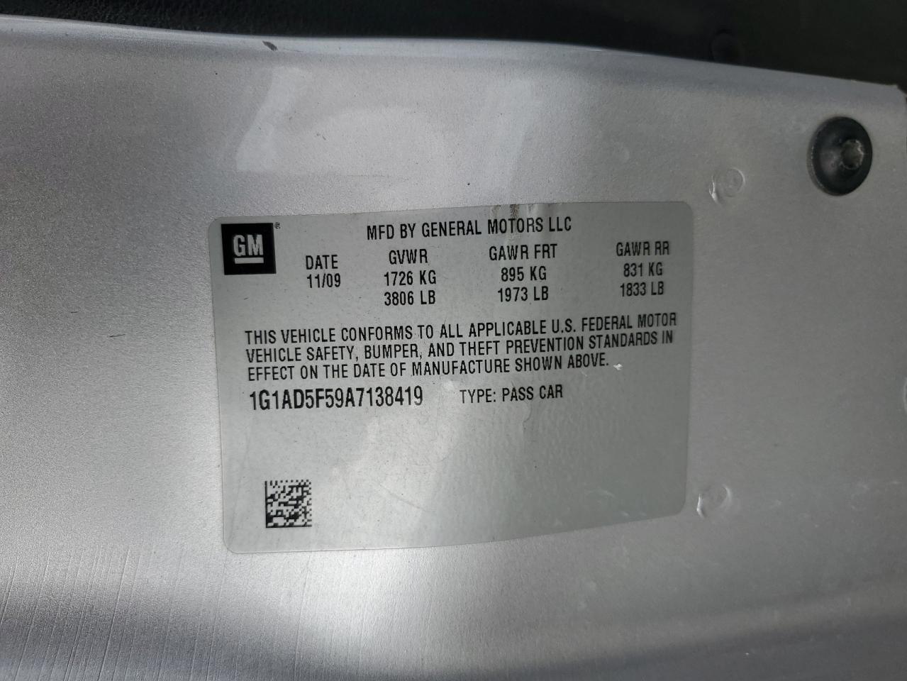 2010 Chevrolet Cobalt 1Lt VIN: 1G1AD5F59A7138419 Lot: 84967275