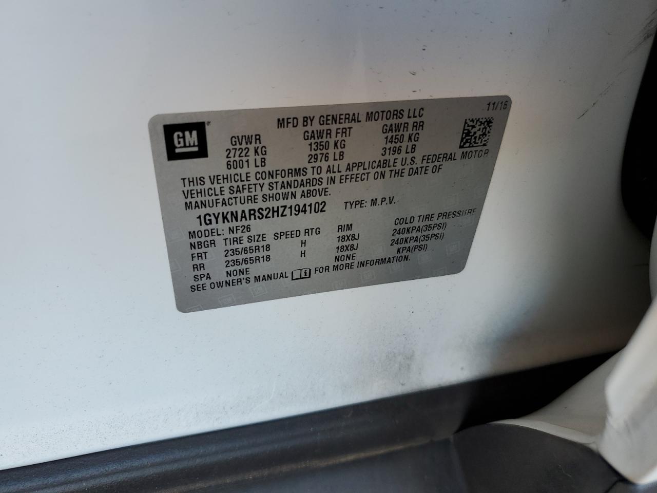 2017 Cadillac Xt5 VIN: 1GYKNARS2HZ194102 Lot: 82103455