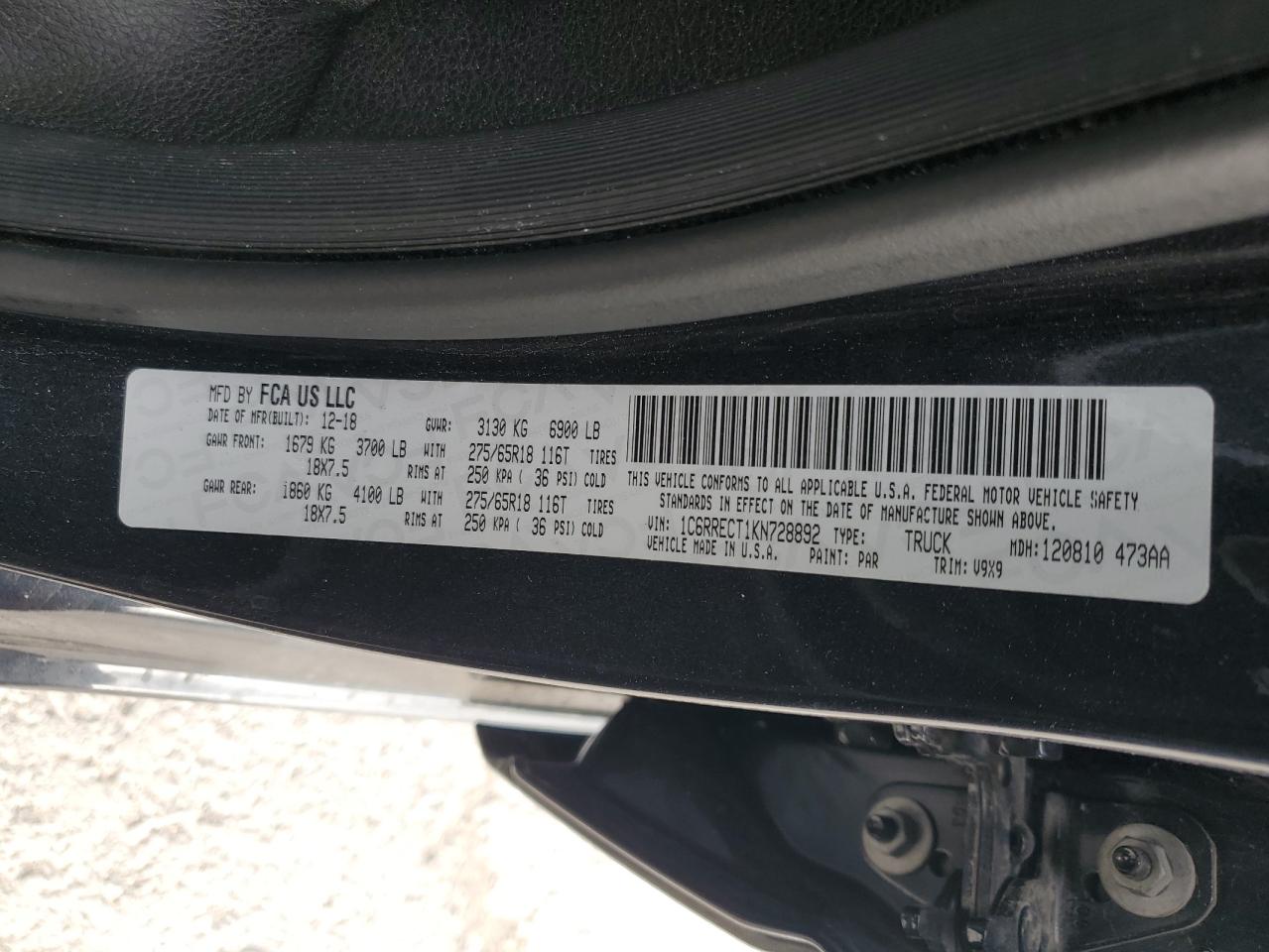 2019 Ram 1500 Tradesman VIN: 1C6RRECT1KN728892 Lot: 86278915