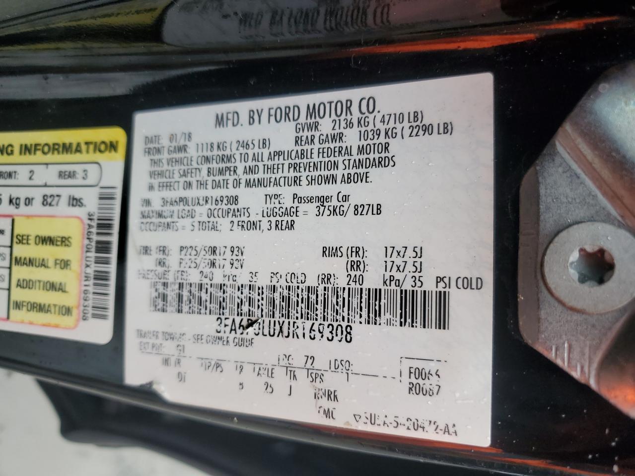 2018 Ford Fusion Se Hybrid VIN: 3FA6P0LUXJR169308 Lot: 86470055