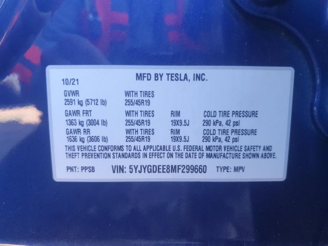 2021 Tesla Model Y VIN: 5YJYGDEE8MF299660 Lot: 89550555