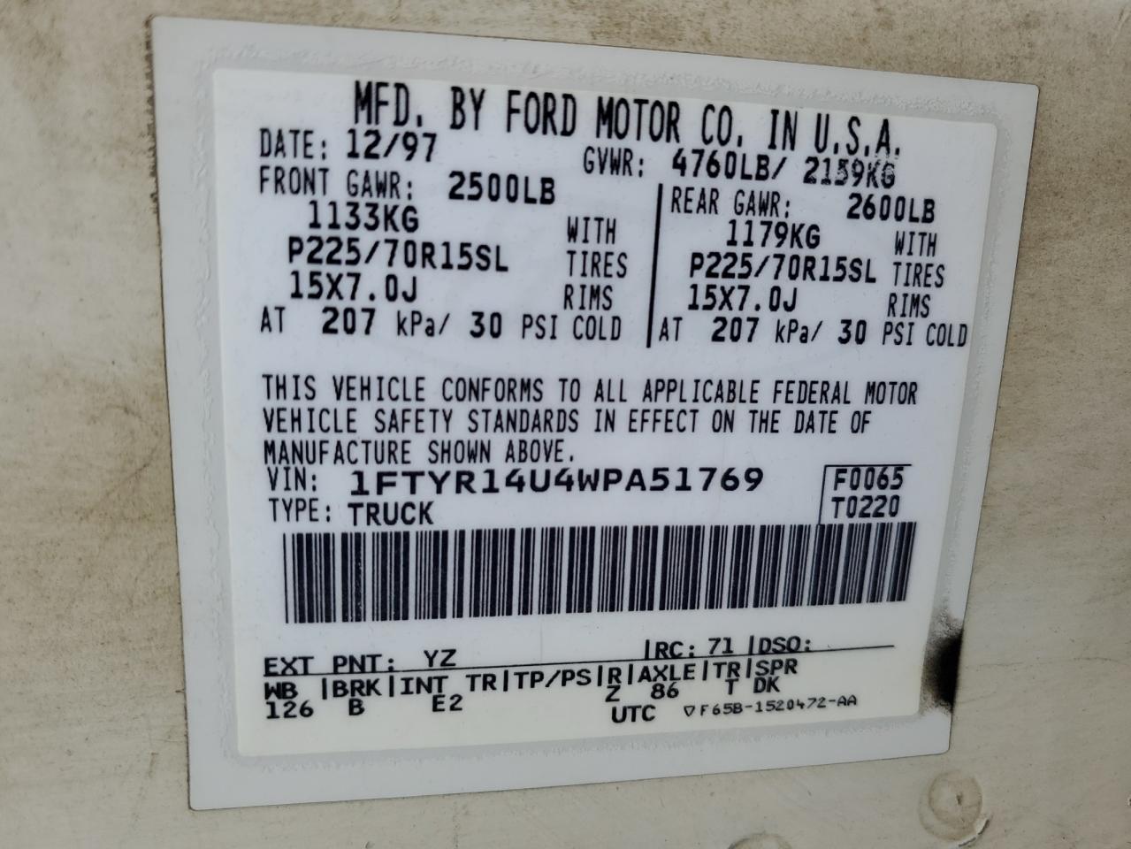 1998 Ford Ranger Super Cab VIN: 1FTYR14U4WPA51769 Lot: 86439635