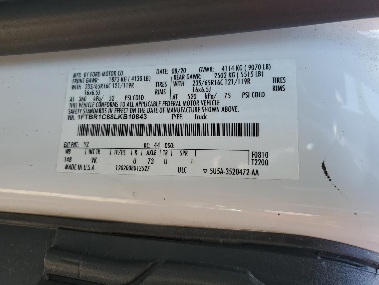 2020 Ford Transit Utility / Service Van VIN: 1FTBR1C88LKB10843 Lot: 86844195