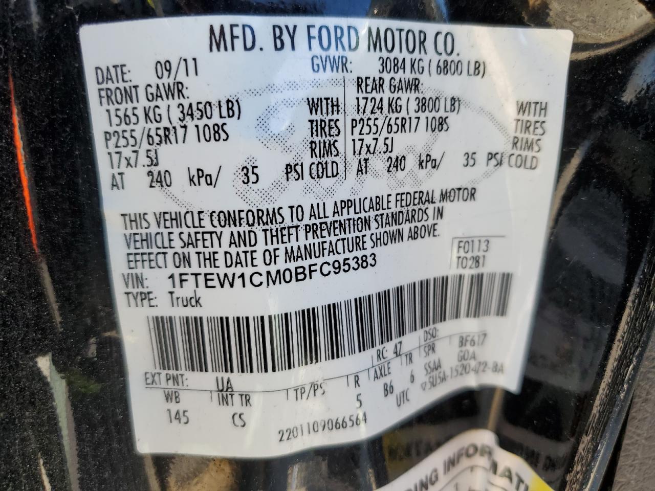 2011 Ford F150 Supercrew VIN: 1FTEW1CM0BFC95383 Lot: 84971745