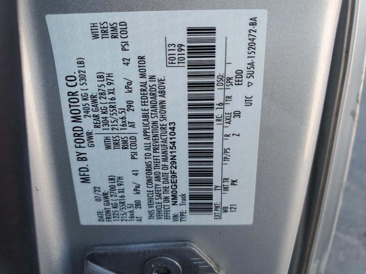 2022 Ford Transit Connect Xlt VIN: NM0GE9F29N1541043 Lot: 82120695