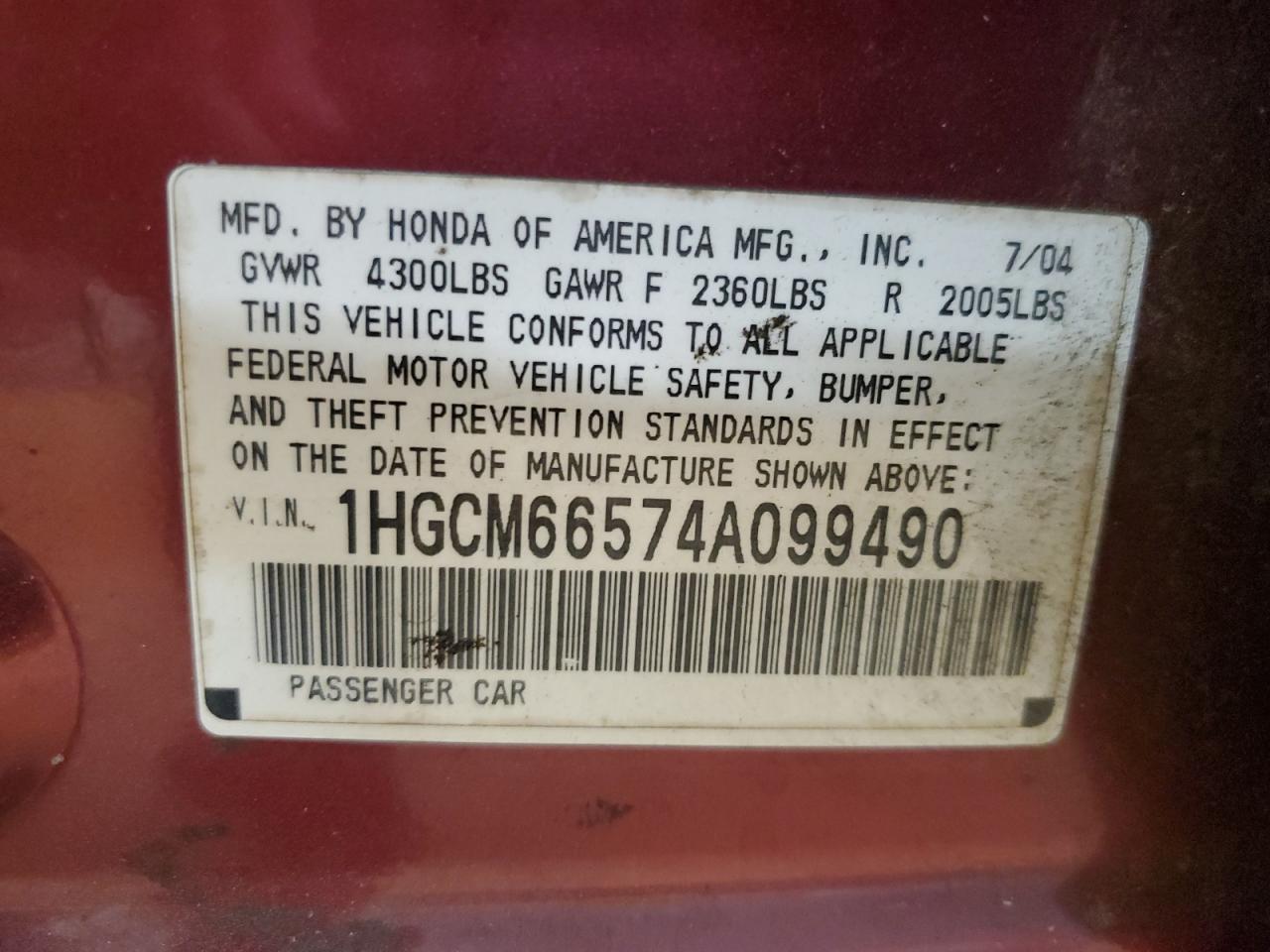 2004 Honda Accord Ex VIN: 1HGCM66574A099490 Lot: 82260525